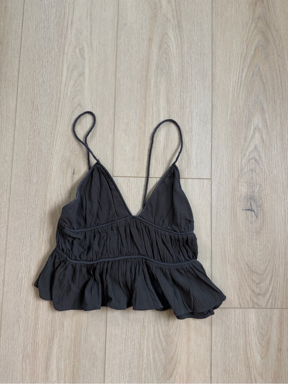 Dark Brown Ruffle Hem Spaghetti Strap Tank Top